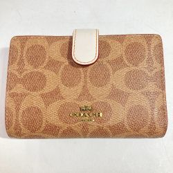 ◎◎ COACH コーチ 二つ折り財布 33034 ベージュ x ホワイト シグネチャー コーナージップ Bランク