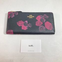 ◎◎ COACH コーチ 長財布 F38689 ブラック x ワイン x ゴールド L字ファスナー フローラル 花柄プリント レディース Aランク