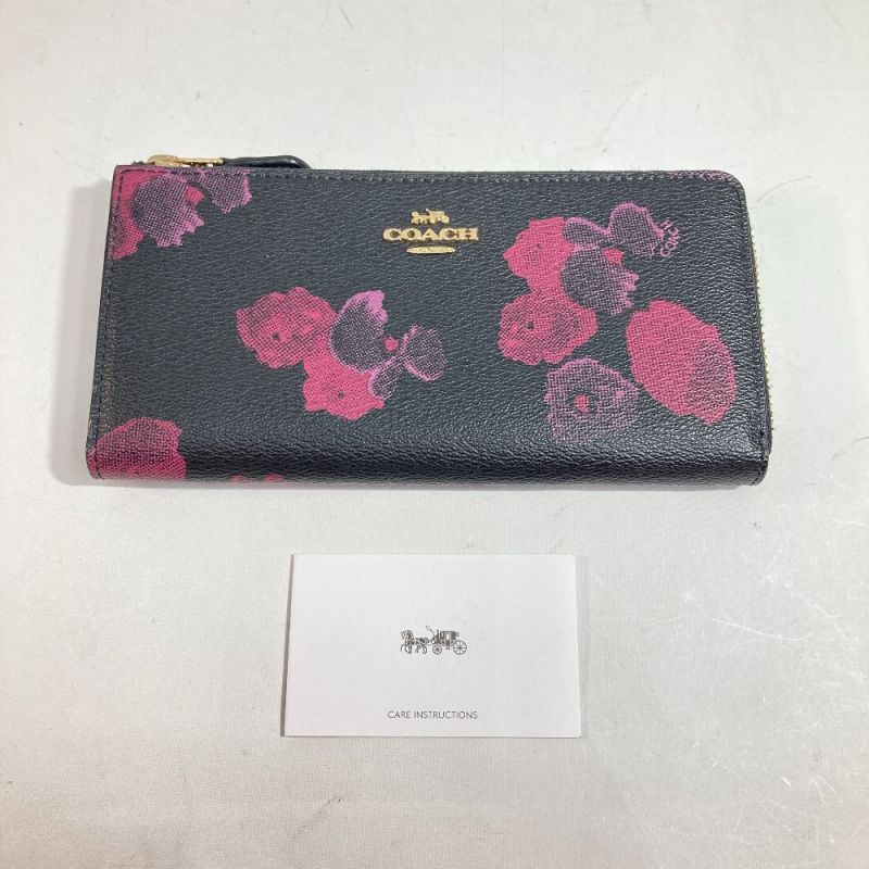 中古】 COACH コーチ 長財布 F38689 ブラック x ワイン x ゴールド L字