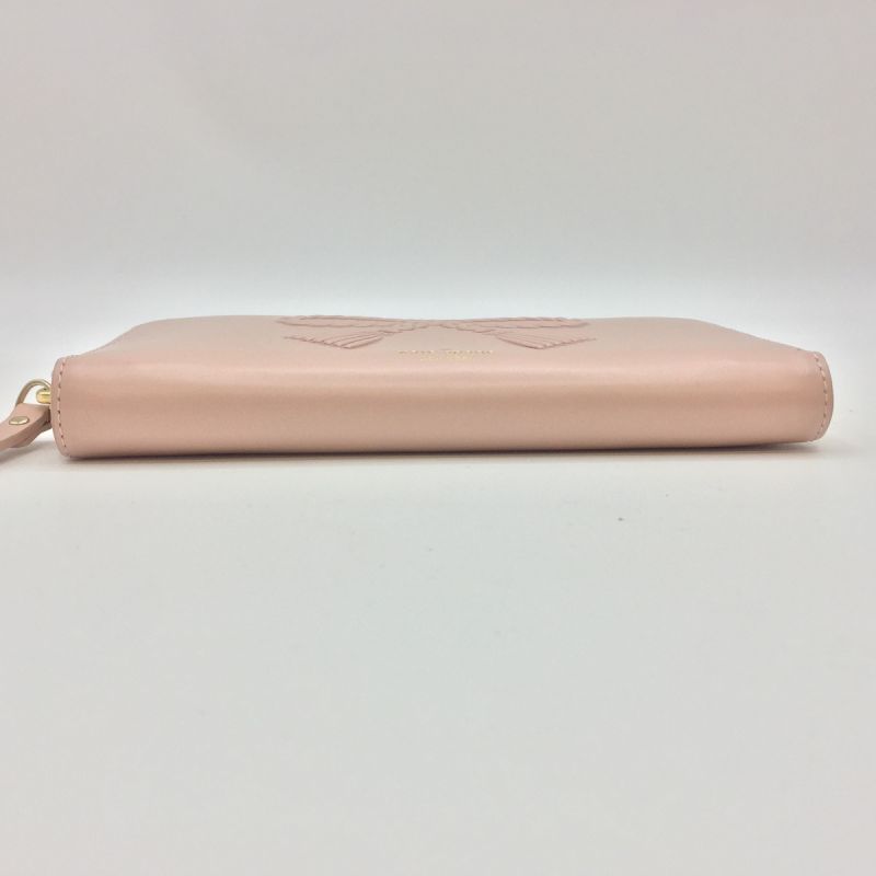 中古】 Kate Spade ケイトスペード ラウンドファスナー レザー リボン 