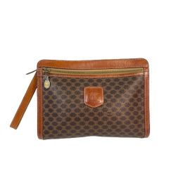 ◎◎ CELINE セリーヌ マカダム柄 セカンドバッグ ブラウン x ベージュ x ゴールド クラッチバッグ レザー Bランク