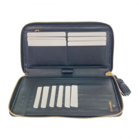  CHANEL シャネル 長財布 ダブルステッチ タッセル ココマーク ブラック x ゴールド