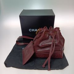  CHANEL シャネル ショルダーバッグ 巾着 チェーンショルダー  キャビアスキンココマーク ボルドー×ゴールド金具 Cランク