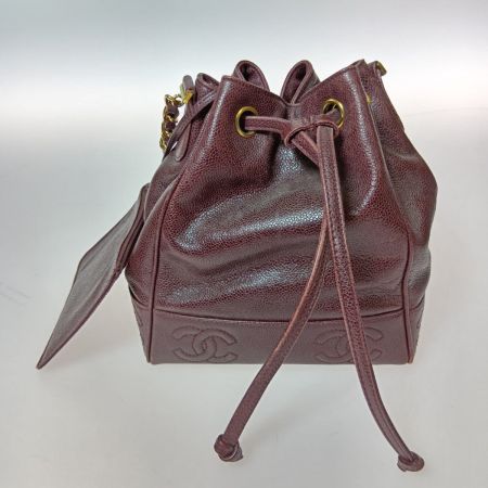  CHANEL シャネル ショルダーバッグ 巾着 チェーンショルダー  キャビアスキンココマーク ボルドー×ゴールド金具