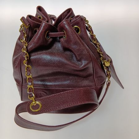  CHANEL シャネル ショルダーバッグ 巾着 チェーンショルダー  キャビアスキンココマーク ボルドー×ゴールド金具