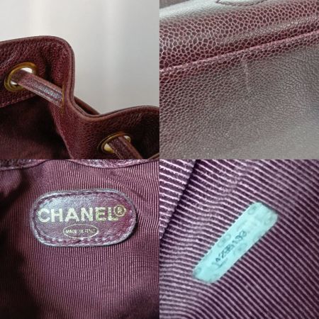  CHANEL シャネル ショルダーバッグ 巾着 チェーンショルダー  キャビアスキンココマーク ボルドー×ゴールド金具