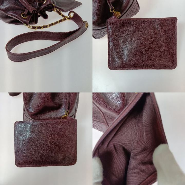 CHANEL シャネル ショルダーバッグ 巾着 チェーンショルダー  キャビアスキンココマーク ボルドー×ゴールド金具 CHANEL シャネル ショルダーバッグ 巾着 チェーンショルダー キャビア