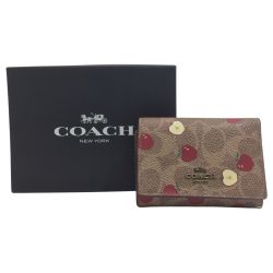 ◎◎ COACH コーチ スモール フラップ ウォレット シグネチャー キャンバス スキャッタード アップル プリント 87710 ブラウン Bランク
