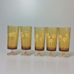 ◎◎  アデリア アンバー 足つきグラス 5客セット レトロ　未使用品　0177 Sランク