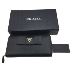 ◎◎ PRADA プラダ リボン ラウンドファスナー財布 レディース 長財布 1ML506 サフィアーノ レザー  1ML506 ブラック 中古品 Bランク