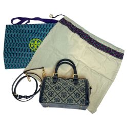 ◎◎ TORY BURCH トリーバーチ Tモノグラム ジャカード ミニ バレル ハンドバッグ 2WAYショルダーバッグ カーキ x ネイビー Bランク