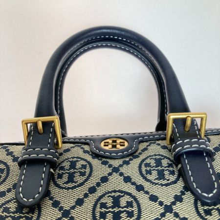 TORY BURCH トリーバーチ Tモノグラム ジャカード ミニ バレル ハンドバッグ 2WAYショルダーバッグ カーキ x ネイビー ｜中古｜なんでもリサイクルビッグバン