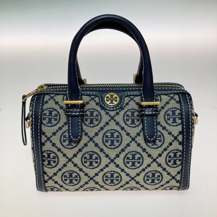 TORY BURCH トリーバーチ Tモノグラム ジャカード ミニ バレル ハンドバッグ 2WAYショルダーバッグ カーキ x  ネイビー｜中古｜なんでもリサイクルビッグバン