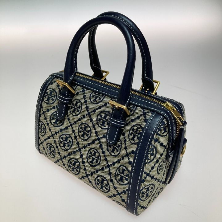 TORY BURCH トリーバーチ Tモノグラム ジャカード ミニ バレル ハンドバッグ 2WAYショルダーバッグ カーキ x  ネイビー｜中古｜なんでもリサイクルビッグバン