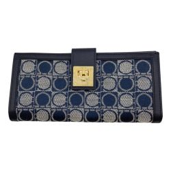 ◎◎ Salvatore Ferragamo サルヴァトーレフェラガモ ガンチーニ・モノグラム 2つ折り財布 長財布 ネイビー Bランク