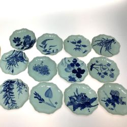 ◎◎  加賀友禅作家 銘々皿 12ヵ月 花絵 手描染付 12枚セット Aランク