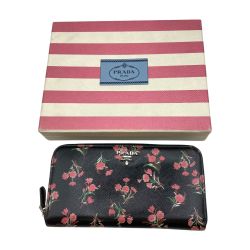 ◎◎ PRADA プラダ 長財布 ウンドファスナー 花柄 1ML506 ブラック Cランク