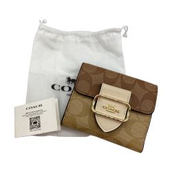 ◎◎ COACH コーチ スモール モーガン ウォレット・ブロックド シグネチャー キャンバス ミニ財布 二つ折り財布 CH387 ベージュ Bランク