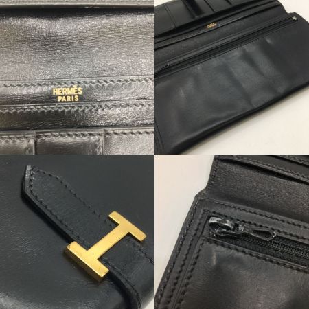 HERMES エルメス 二つ折り長財布 ベアン スフレ ボックススカーフ ブラック×ゴールド(金具) 本体のみ