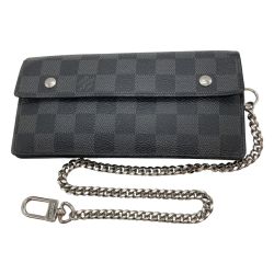 ◎◎ LOUIS VUITTON ルイヴィトン ダミエ ポルトフォイユアコルディオン 長財布 N60023 ブラック x グレー チェーン付 Cランク