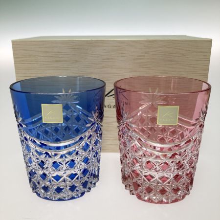   カガミクリスタル 江戸切子 ペアロックグラス＜幕襞に四角籠目＞ 赤 x 青
