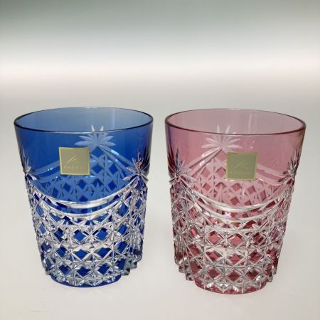   カガミクリスタル 江戸切子 ペアロックグラス＜幕襞に四角籠目＞ 赤 x 青