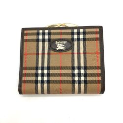 ◎◎ Burberrys バーバリーズ ノバチェック シャドーホース がま口 二つ折り財布 ブラウン キャンバス レザー レディース Bランク