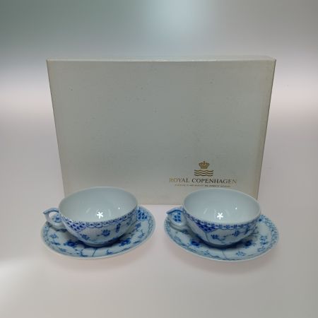  ROYAL COPENHAGEN ロイヤル・コペンハーゲン ブルーフルーテッド ハーフレース ティーカップ&ソーサー 220ml 2客セット