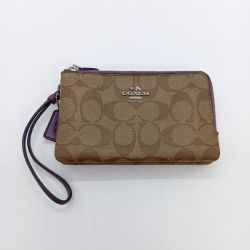 ◎◎ COACH コーチ ダブル コーナー ジップ リストレット シグネチャー キャンバス ポーチ F87591 ベージュ Cランク