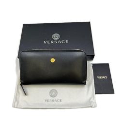 ◎◎ VERSACE ベルサーチ メデューサビギーエンブレム付き ロゴ入りレザーラウンドジッパー長財布 1006265 ブラック 箱付 Aランク