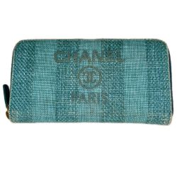 CHANEL シャネル ドーヴィル ストライプ ラウンドファスナー財布 AB1976 ターコイズグリーン ギャランティカード・箱付 Bランク