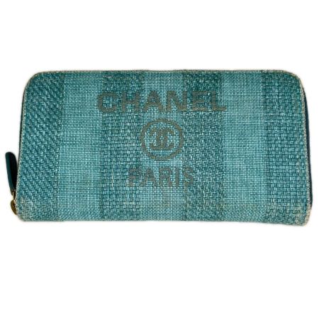 CHANEL シャネル ドーヴィル ストライプ ラウンドファスナー財布 AB1976 ターコイズグリーン ギャランティカード・箱付