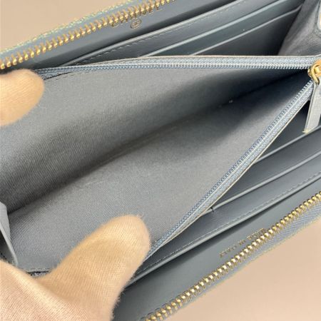CHANEL シャネル ドーヴィル ストライプ ラウンドファスナー財布 AB1976 ターコイズグリーン ギャランティカード・箱付