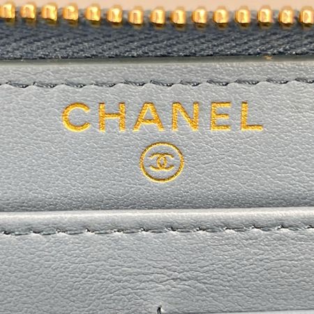 CHANEL シャネル ドーヴィル ストライプ ラウンドファスナー財布 AB1976 ターコイズグリーン ギャランティカード・箱付