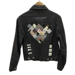 ♪♪ PINK HOUSE ピンクハウス  VINTAGE デニムジャケット SIZE L ワッペン チェック 花 チェリー ブラック Bランク