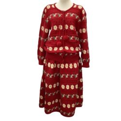 PINK HOUSE ピンクハウス 希少 レア レディース セットアップ ニット カーディガン花柄  カモミール スズラン レッド Bランク