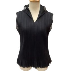 ♪♪ ISSEY MIYAKE イッセイミヤケ PLATS PLEASE ノースリーブカットソー レース２枚重ね 変形 SIZE 3 ブラック Bランク