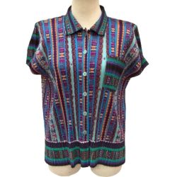 ISSEY MIYAKE イッセイミヤケ PLEATS PLEASE シャツ カーディガン 総柄 アジアンテイスト エスニック ブルー Bランク