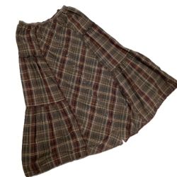 PINK HOUSE ピンクハウス レディース 前開きスカート タータンチェック ピコフリル  ３段切り替え ブラウン Bランク