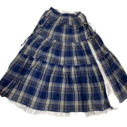 ♪♪ PINK HOUSE ピンクハウス レディース ピコフリル ペチコート付き ロングスカート 脇リボン タータンチェック ブルー Bランク