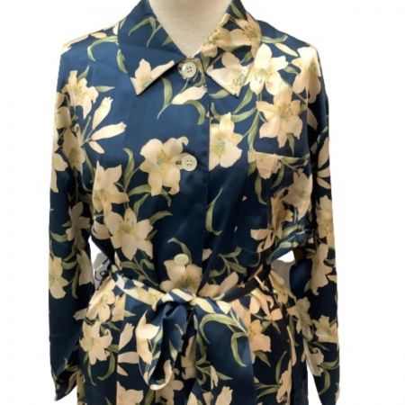  Yves Saint Laurent イブサンローラン レディース ワンピース SIZE M シルク100％ 花柄 ルームウェア ネイビー