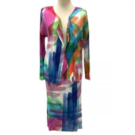 ISSEY MIYAKE イッセイミヤケ PLATS PLEASE セットアップ スカート カーディガン 水彩 水墨 激レア  PP01-JG683 PP01-J0687 ピンク