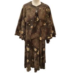 SHISENDO 詩仙堂 美品 レディース セットアップ ジャケット ブラウス スカート ３点セット 花柄 桜柄 こげ茶 Bランク