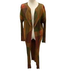 ♪♪ ISSEY MIYAKE イッセイミヤケ PLATS PLEASE ロングカーディガン 図形柄  変形 PP73-JA766 ブラウン Bランク