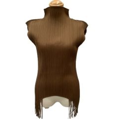 ♪♪ ISSEY MIYAKE イッセイミヤケ PLEATS PLEASE ノースリーブタートルネックカットソー 変形 フリンジ付き ブラウン Bランク