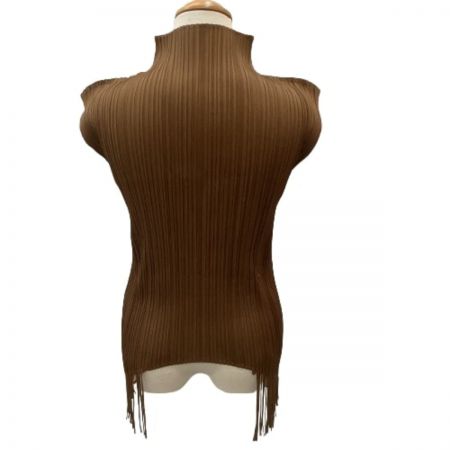  ISSEY MIYAKE イッセイミヤケ PLEATS PLEASE ノースリーブタートルネックカットソー 変形 フリンジ付き ブラウン