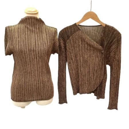ISSEY MIYAKE イッセイミヤケ PLATS PLEASE アンサンブル カットソー カーディガン SIZE 3 ラメ ブラウン