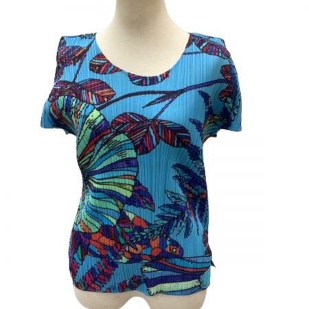  ISSEY MIYAKE イッセイミヤケ PLATS PLEASE カットソー 花 草 植物 総柄 PP81-JK651 スカイブルー