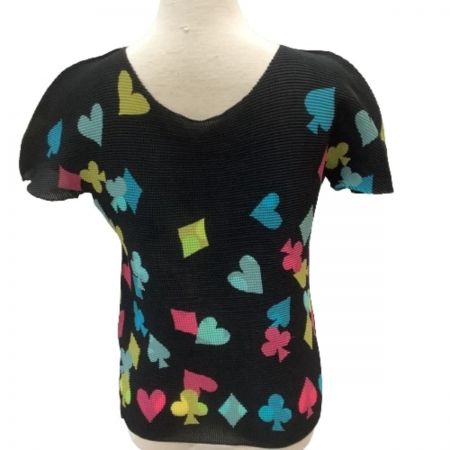  ISSEY MIYAKE イッセイミヤケ me ミー カットソー ワッフルプリーツ トランプマーク柄  ブラック