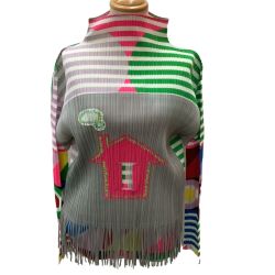 ♪♪ ISSEY MIYAKE イッセイミヤケ PLEATS PLEASE フリンジ 家 柄 レア カットソー PP71-JK573 カラフル Bランク